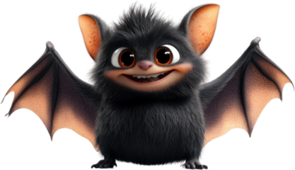 Charming cartoon little bat character with sparkling eyes and fluffy fur ready for adventure in a whimsical world
