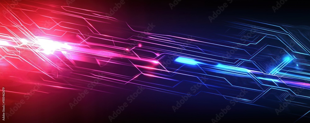 Poster abstract tech background. vivid red, blue light effects. circuit board lines create dynamic motion. 