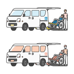 看護師・介護士と車椅子利用者の軽自動車介護タクシー・軽バンのイラスト(フルカラー＆モノカラーset)
