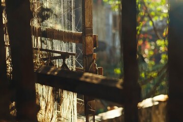 Old Wooden Loom with Threads in Sunlight