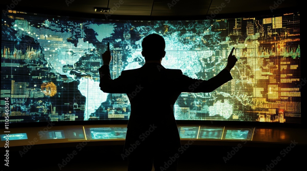 Poster analyst using touchscreens to predict economic forecasts in a high-tech command center