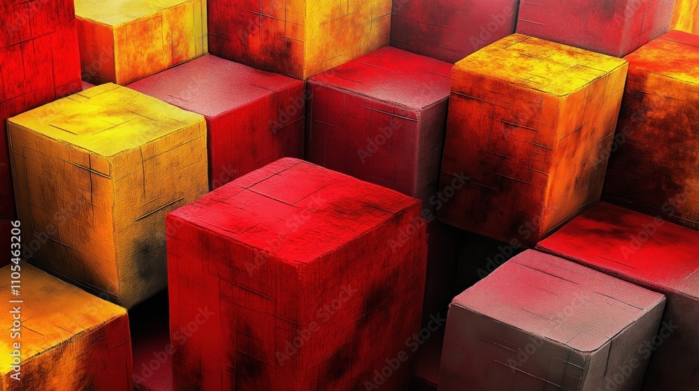 Poster abstract 3d textured blocks in vibrant red, yellow hues. geometric shapes create visual depth, dynam