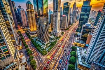 Obraz premium Aerial View of a Bustling Street Surrounded by Modern High-Rise Buildings Showcasing Urban Architecture and City Life with Vibrant Traffic and Scenic Skyscrapers
