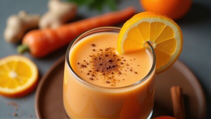 Carrot and orange smoothie with ginger - A glass of creamy orange smoothie garnished with cinnamon and fresh orange slices, surrounded by carrots, ginger, and cinnamon sticks on a wooden tray