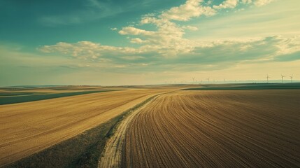 Drone footage of wind energy capturing fields nature landscape aerial view sustainable energy