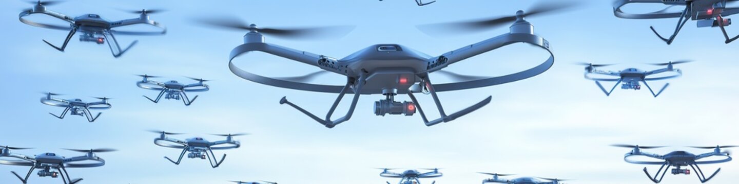 Fleet of drones flying under cloudy sky, futuristic transportati