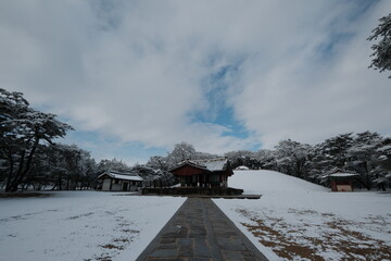 대한민국 전통의 건축물 한옥과 눈 쌓인 소나무에 상고대 함박눈이 어우러진 푸른 하늘의 하얀 겨울의 설경