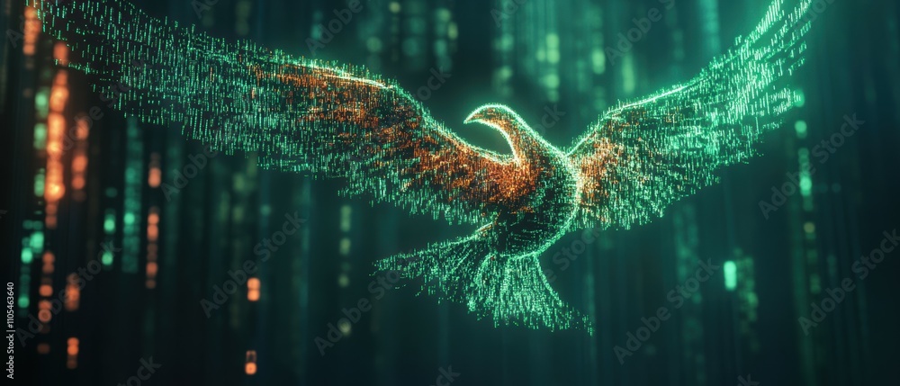 Poster neon phoenix emerges from matrix code digital art showcase virtual environment dynamic viewpoint