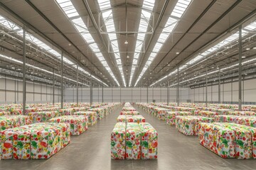 Colorful Fabric Cubes in a Large Warehouse Space