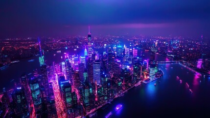 Fototapeta premium Illuminated smart city nightscape urban environment aerial view low-energy lighting concept