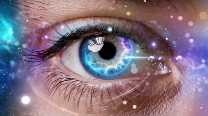 Close-up of a human eye with a vibrant, mesmerizing display of colors and light patterns, reflecting a digital or futuristic theme. Intricate iris patterns, prominent eyelashes, and a dreamy
