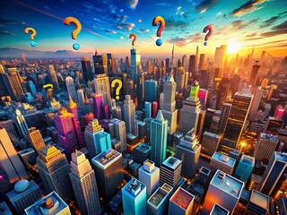 Aerial View of a Crowded City with Question Mark Symbols Floating Above, Representing Technology and Social Media Influence in a Vibrant Urban Landscape, 4K 3D Illustration