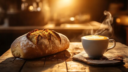 A freshly baked loaf of bread next to a cup of cappuccino, soft steam rising from the coffee
