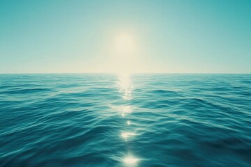 Fototapeta premium Calm ocean with a bright sun shining on the water. The sun's reflection creates a beautiful and serene atmosphere