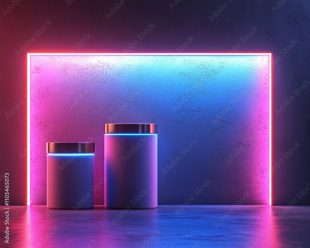 Poster modern artistic display of ai-generated containers with neon lighting studio setting digital art con