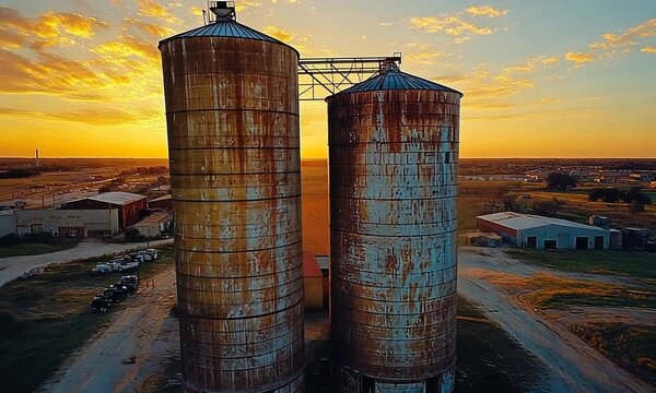 Rusty silos against a vibrant sunset in an industrial landscape.