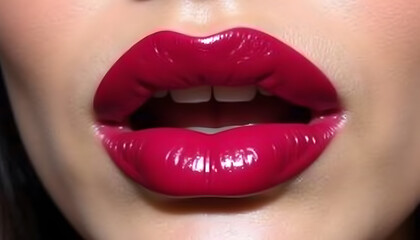 Lips painted with bright, shiny, hot-purple lipstick. 