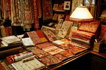 Obraz premium Antique Fabric Samples Displayed In A Dark Room