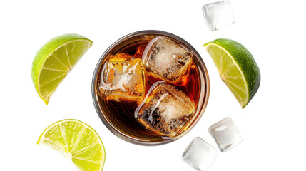 Cuba libre cocktail, top down view with limes and ice cubes