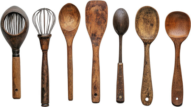 Wooden cooking utensils arranged artistically against a transparent background showcasing rustic kitchen charm and timeless craftsmanship