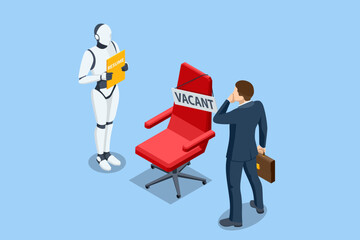 Isometric hiring and recruitment robots are selected for a job over a human candidate. Digital job interviews where artificial intelligence outshines traditional applicants.