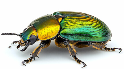 Fototapeta premium Close-up of a Vibrant Green and Gold Beetle, a Detailed Macro Photograph on White Background Showing Intricate Body Structure and Texture.