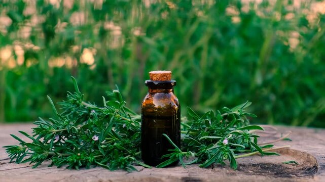 Thyme extract in a bottle. Selective focus.