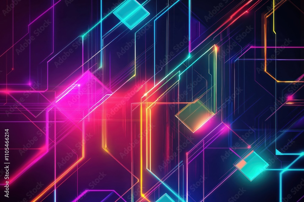 Poster abstract tech shapes with glowing vibrant colorful lines create futuristic design. dynamic glowing l