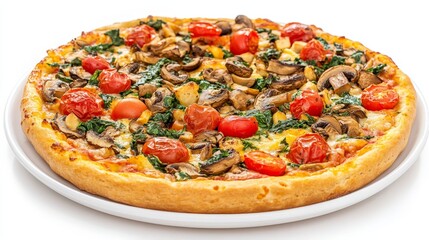 Freshly baked vegetarian pizza with golden edges, champignons, and tomatoes, isolated on white,