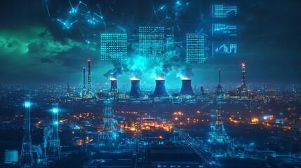 Fototapeta premium A cityscape at night with glowing buildings and nuclear power plants in the background, technological