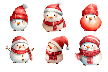 Watercolor Christmas set red stickers, snowman and birds, transparent background