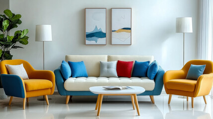 scandinavian interior design of modern living room  vibrant colorful  furniture