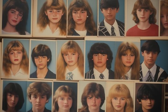 High school students portraits from 1980s yearbook. Formal poses show teenagers with various hairstyles, expressions. School uniform casual outfits common. Image suitable for nostalgia 1980s history