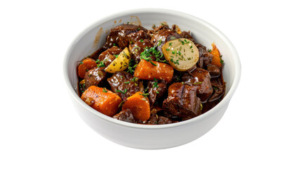 Beef bourguignon in a bowl, isolated