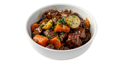 Beef bourguignon in a bowl, isolated