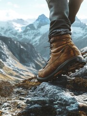 Person is wearing a brown pair of boots and is walking on a rocky mountain. The boots are tall and have a thick sole, which suggests that they are designed for hiking and trekking