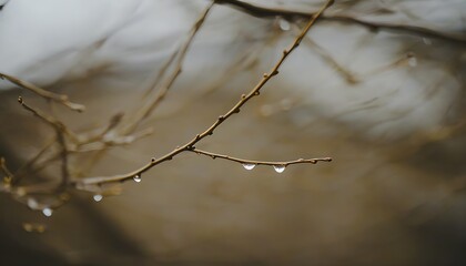 A serene moment in nature, with a dewdrop on a branch intertwined with light and shadow