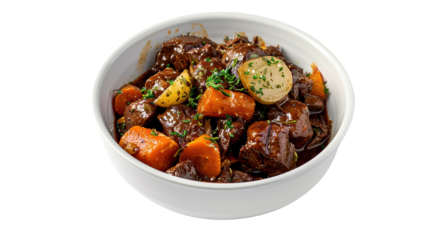 Beef bourguignon in a bowl, isolated