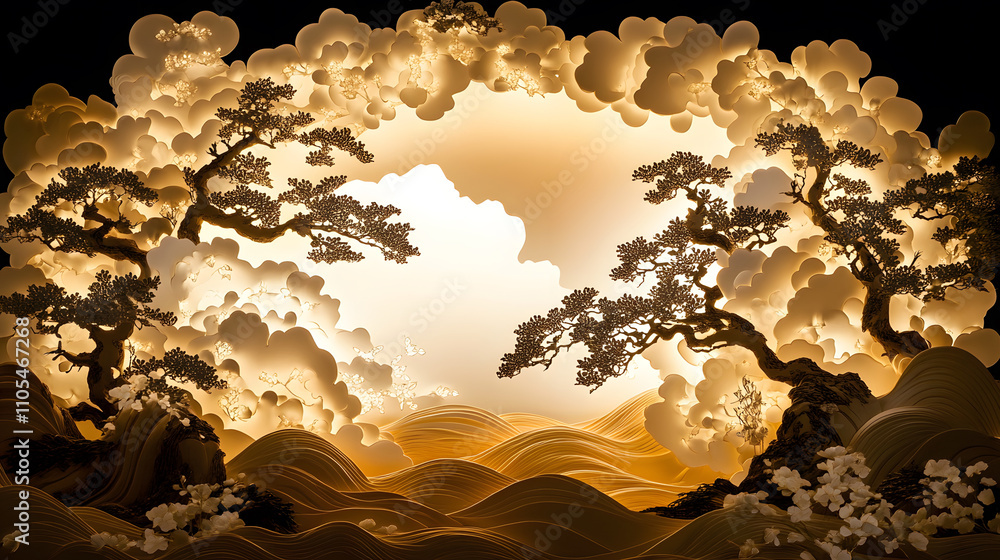 Poster A serene landscape featuring stylized trees and clouds, illuminated by warm light, creating a tranquil and artistic atmosphere