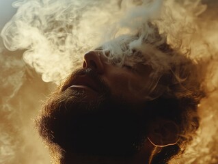 Obraz premium Man is smoking a cigarette and the smoke is filling his face. Concept of relaxation and leisure, as the man is taking a break from his day to enjoy a cigarette