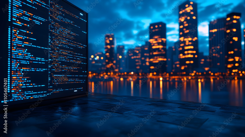 Poster A futuristic cityscape at twilight with glowing buildings and a computer displaying code in the foreground, merging technology and urban life