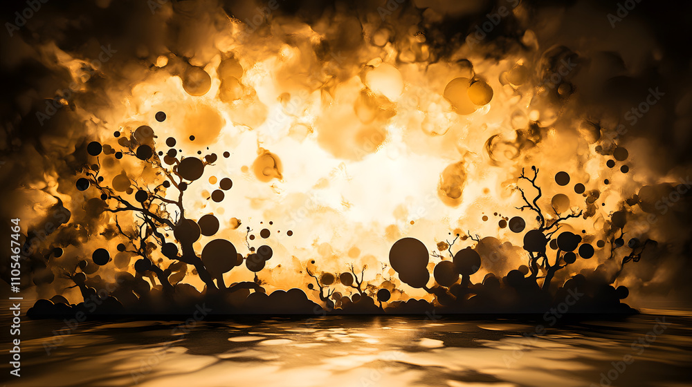 Poster a dramatic explosion with fiery orange and black hues, creating a chaotic yet artistic scene reminis