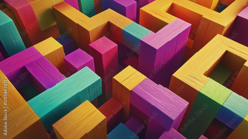 Poster colorful wooden blocks form complex geometrical maze. abstract design. intricate network of narrow p