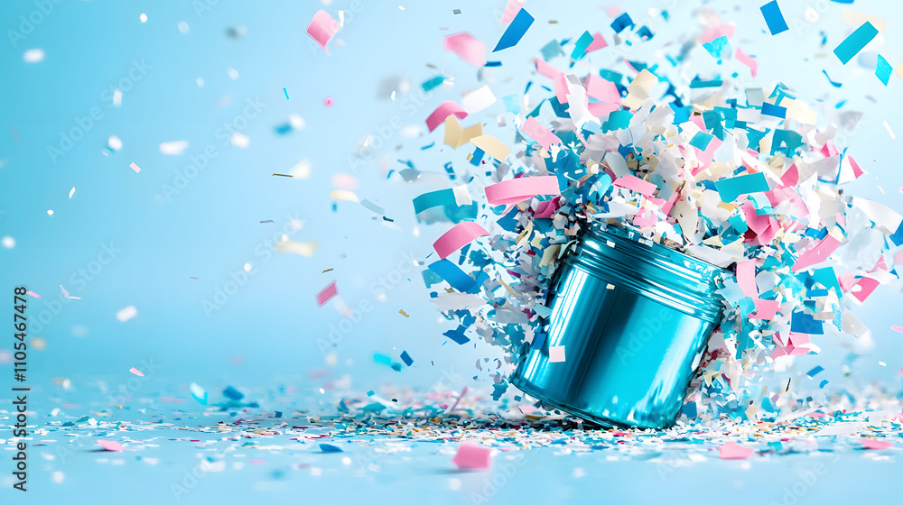 Poster a vibrant blue jar bursts with colorful confetti, creating a festive and cheerful scene filled with 
