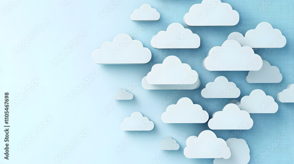 Poster A serene digital image of white clouds scattered against a light blue background, symbolizing cloud computing or data storage