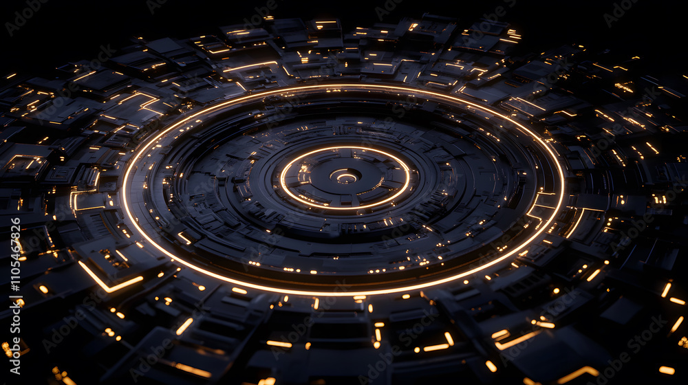 Poster A mesmerizing, futuristic circular design illuminated with glowing lines, creating an abstract digital landscape