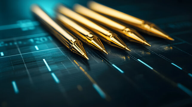 A close-up of five golden pens arranged neatly on a dark surface, emphasizing elegance and sophistication