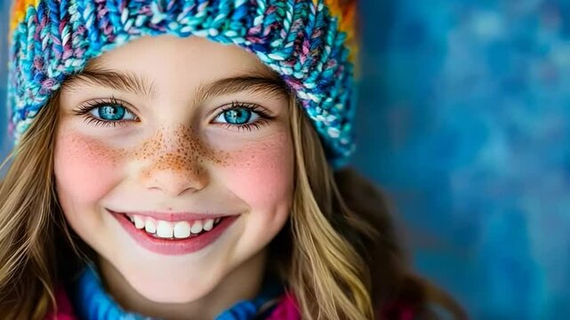 Smiling Caucasian girl in colorful knit hat, embodying winter warmth and holiday cheer