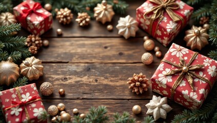 New Year. Christmas. Holidays. Composition with new year and christmas gifts on brown wooden background. view from above