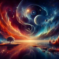 Cosmic Energy Vortex: Space-Themed Design with Dynamic Swirl Pattern and Vibrant Color Flow in Deep Universe Setting